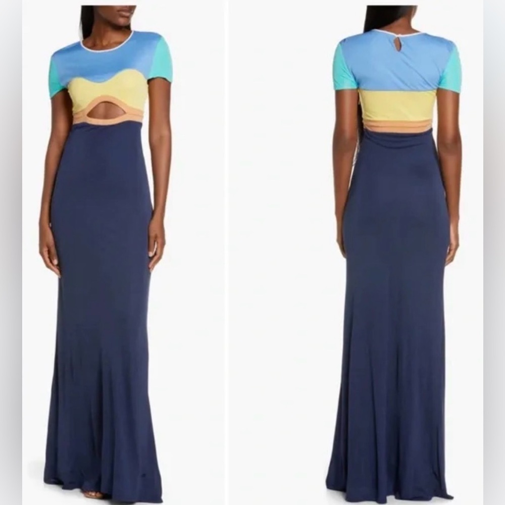 🤩 STAUD Colorblock Maxi Dress XS – Cutout Detail & Sleek Fit 🤩